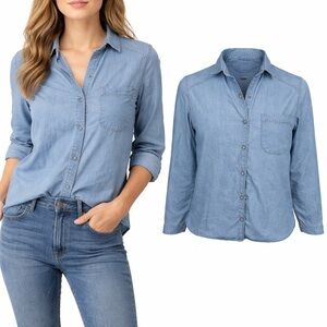 Zara Trafaluc Women Blue Denim Button Down Shirt Light Wash Size Medium Pocket